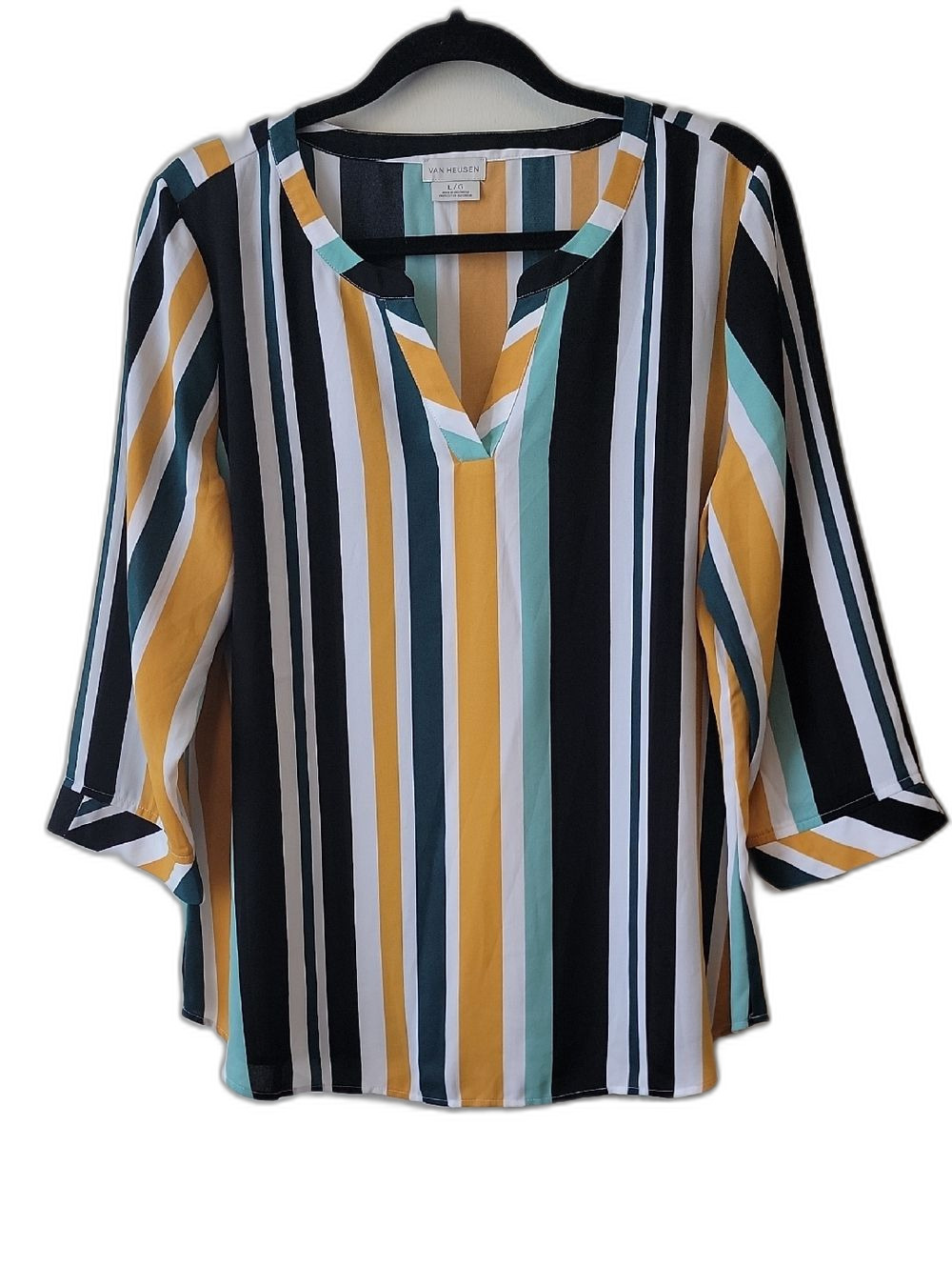 Van Heusen Striped V-Neck Office Blouse in Mustard, Teal & Black